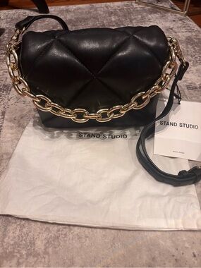 Stand Studio Quilted Leather Shoulder Bag in Black with Gold Chain new